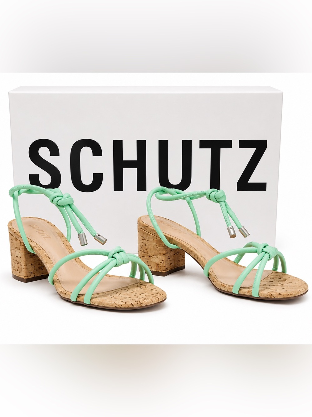 SCHUTZ Suzy Mint Green Knot Strappy Cork Block Heel Sandals NIB